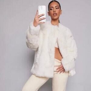 PrettyLittleThing Cream Faux Fur Bubble Coat Womens US 12 Oversized Teddy Jacket